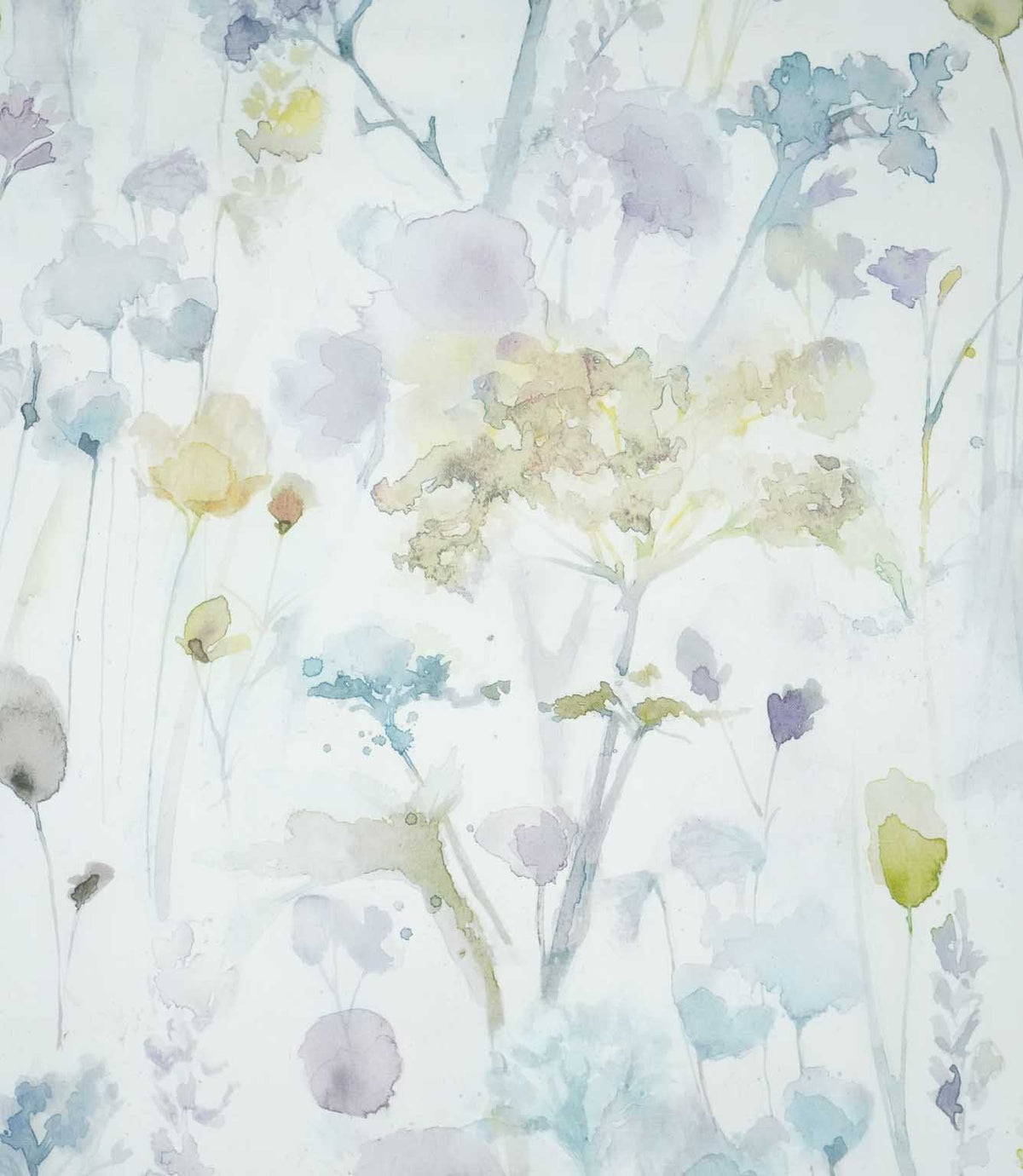 Sorong Lemon floral fabric featuring an airy watercolour design of pale blue, lavender and soft yellow wildflowers, with sage green foliage and delicate stems on an off-white background.