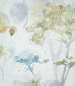 Close-up of Sorong Lemon fabric showing softly painted lavender flowers, pale blue botanical details and muted yellow-green foliage, with delicate watercolour outlines and a fine woven texture.