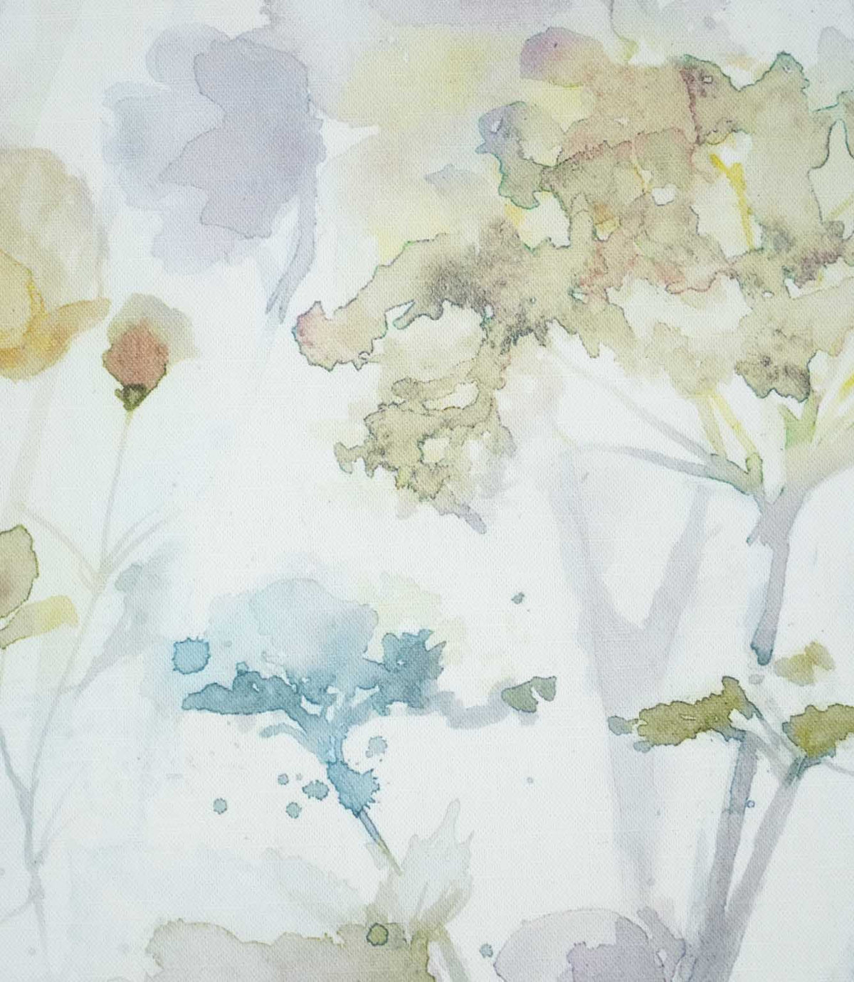 Close-up of Sorong Lemon fabric showing softly painted lavender flowers, pale blue botanical details and muted yellow-green foliage, with delicate watercolour outlines and a fine woven texture.