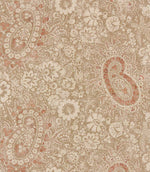 Southold Coralee paisley floral fabric featuring intricate coral pink paisley motifs, cream flowers and delicate botanical foliage on a natural beige background with a subtle woven texture.