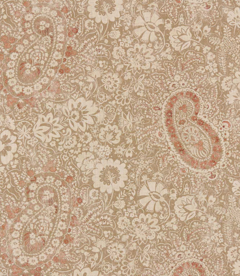 Southold Coralee paisley floral fabric featuring intricate coral pink paisley motifs, cream flowers and delicate botanical foliage on a natural beige background with a subtle woven texture.