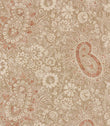 Southold Coralee paisley floral fabric featuring intricate coral pink paisley motifs, cream flowers and delicate botanical foliage on a natural beige background with a subtle woven texture.