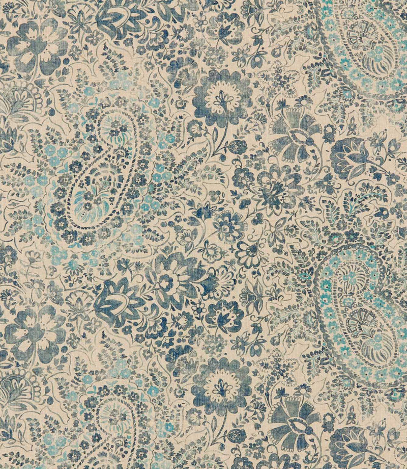 Southold Nautica paisley floral fabric featuring intricate navy blue and turquoise paisley motifs, detailed botanical flowers and trailing foliage on a natural cream background with a subtle woven texture.