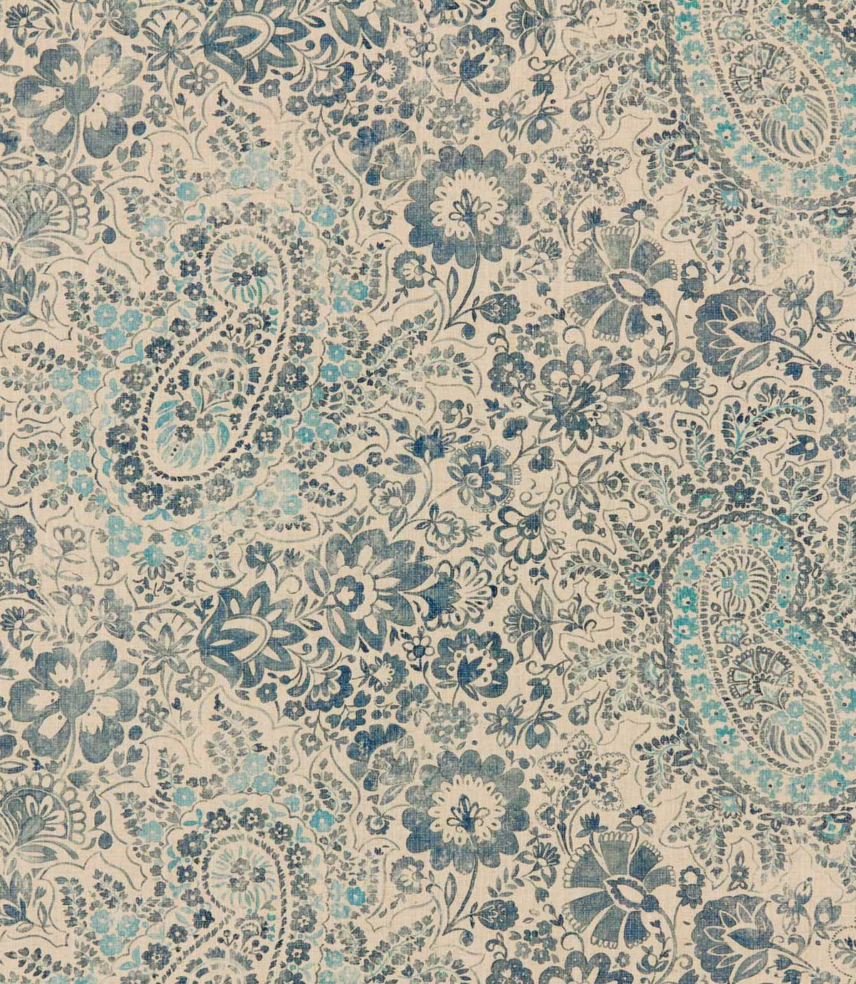 Southold Nautica paisley floral fabric featuring intricate navy blue and turquoise paisley motifs, detailed botanical flowers and trailing foliage on a natural cream background with a subtle woven texture.