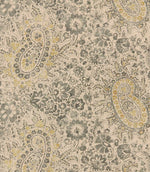 Southold Rockport paisley floral fabric featuring intricate charcoal grey and muted olive floral motifs, delicate mustard yellow accents and large decorative paisley designs on a natural cream background with a subtle woven texture.