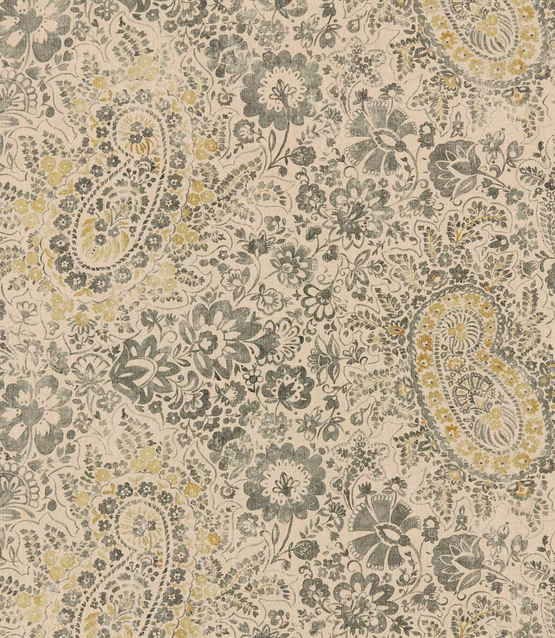 Southold Rockport paisley floral fabric featuring intricate charcoal grey and muted olive floral motifs, delicate mustard yellow accents and large decorative paisley designs on a natural cream background with a subtle woven texture.