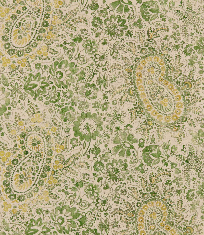 Southold Spring paisley floral fabric featuring intricate botanical motifs, large decorative paisley designs and delicate flowers in fresh green, sage and soft yellow tones on a natural cream background with a subtle woven texture.