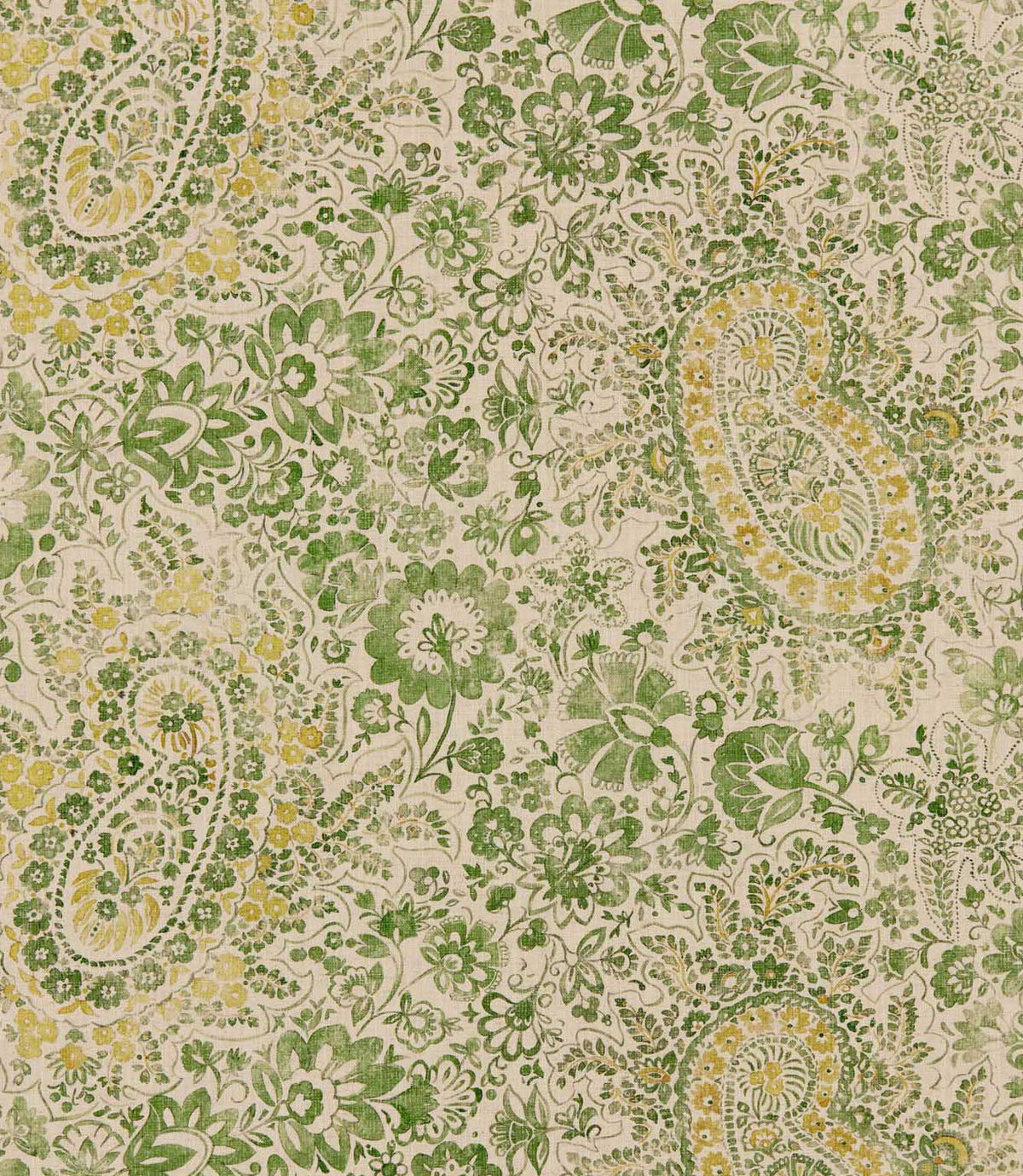 Southold Spring paisley floral fabric featuring intricate botanical motifs, large decorative paisley designs and delicate flowers in fresh green, sage and soft yellow tones on a natural cream background with a subtle woven texture.