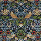 Decorative William Morris velvet fabric pattern with birds, flowers, and strawberries on a blue background
