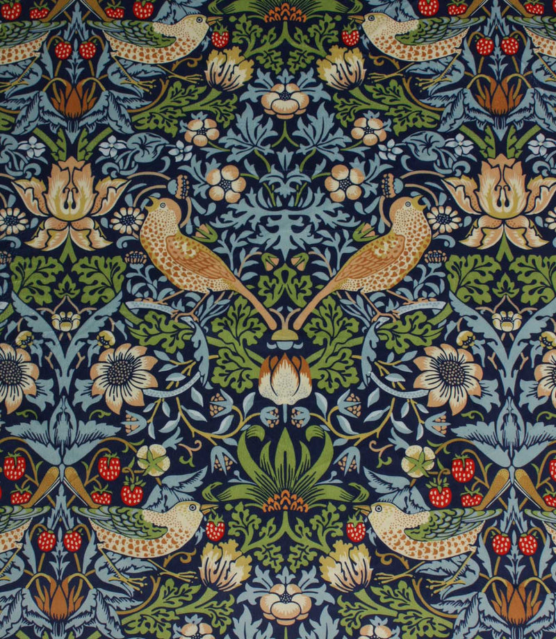Decorative William Morris velvet fabric pattern with birds, flowers, and strawberries on a blue background