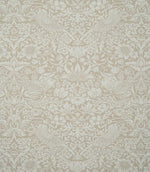Strawberry Thief Linen Look William Morris fabric in soft beige and off-white, showing the full repeating Arts & Crafts design of birds, strawberries, flowers and foliage.