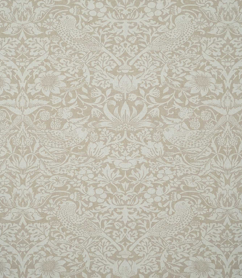 Strawberry Thief Linen Look William Morris fabric in soft beige and off-white, showing the full repeating Arts & Crafts design of birds, strawberries, flowers and foliage.