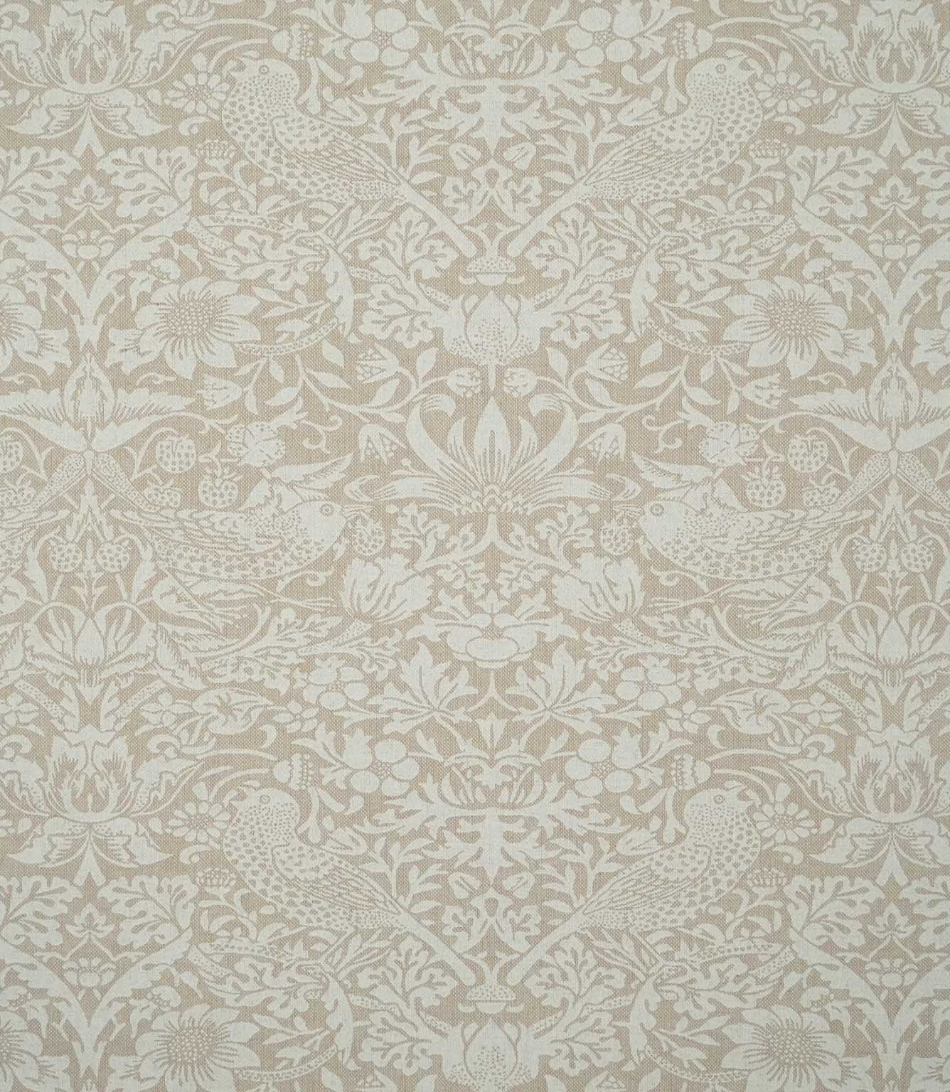 Strawberry Thief Linen Look William Morris fabric in soft beige and off-white, showing the full repeating Arts & Crafts design of birds, strawberries, flowers and foliage.