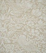Close-up of beige and off-white Strawberry Thief Linen Look fabric, showing a detailed bird surrounded by strawberries, flowers and scrolling William Morris foliage.