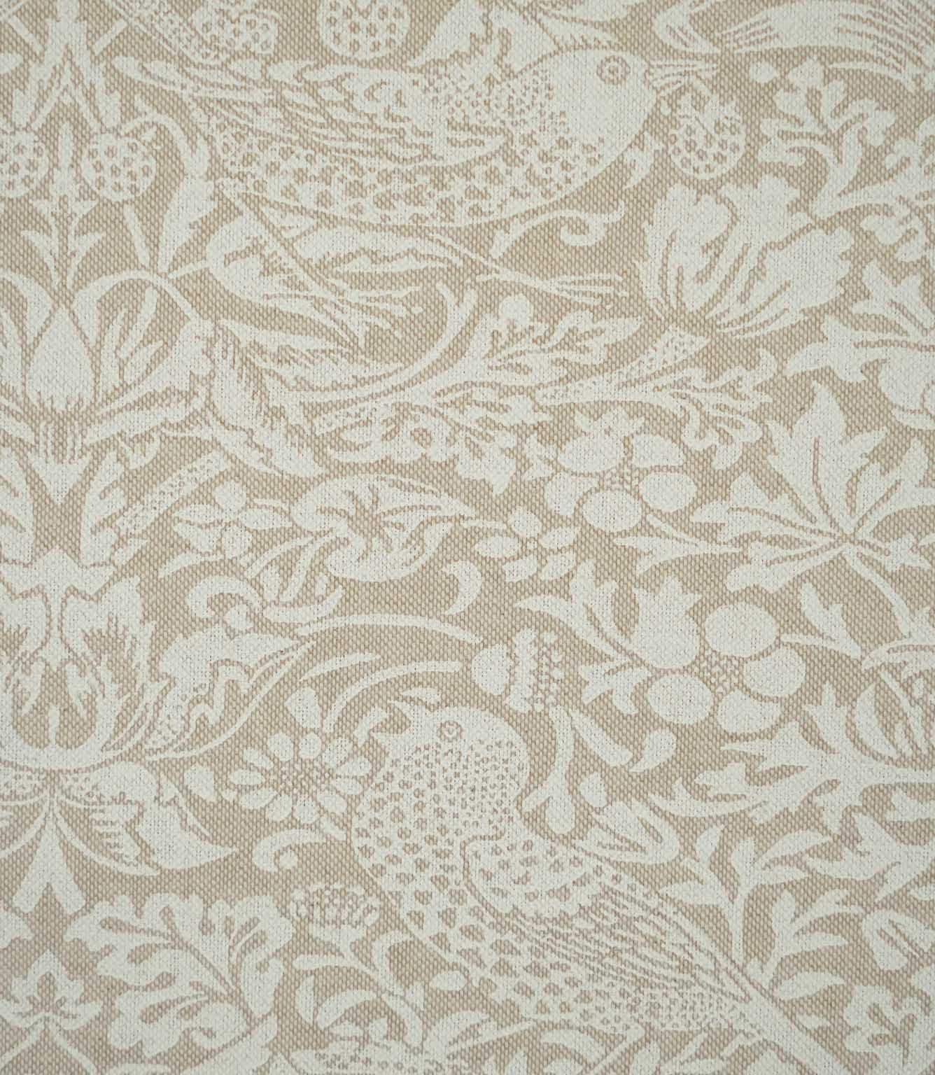 Close-up of beige and off-white Strawberry Thief Linen Look fabric, showing a detailed bird surrounded by strawberries, flowers and scrolling William Morris foliage.
