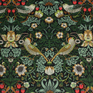 Arts and Crafts inspired fabric featuring birds, strawberries and floral motifs on a black background in green, cream and red tones.