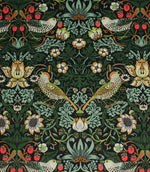 Arts and Crafts inspired fabric featuring birds, strawberries and floral motifs on a black background in green, cream and red tones.