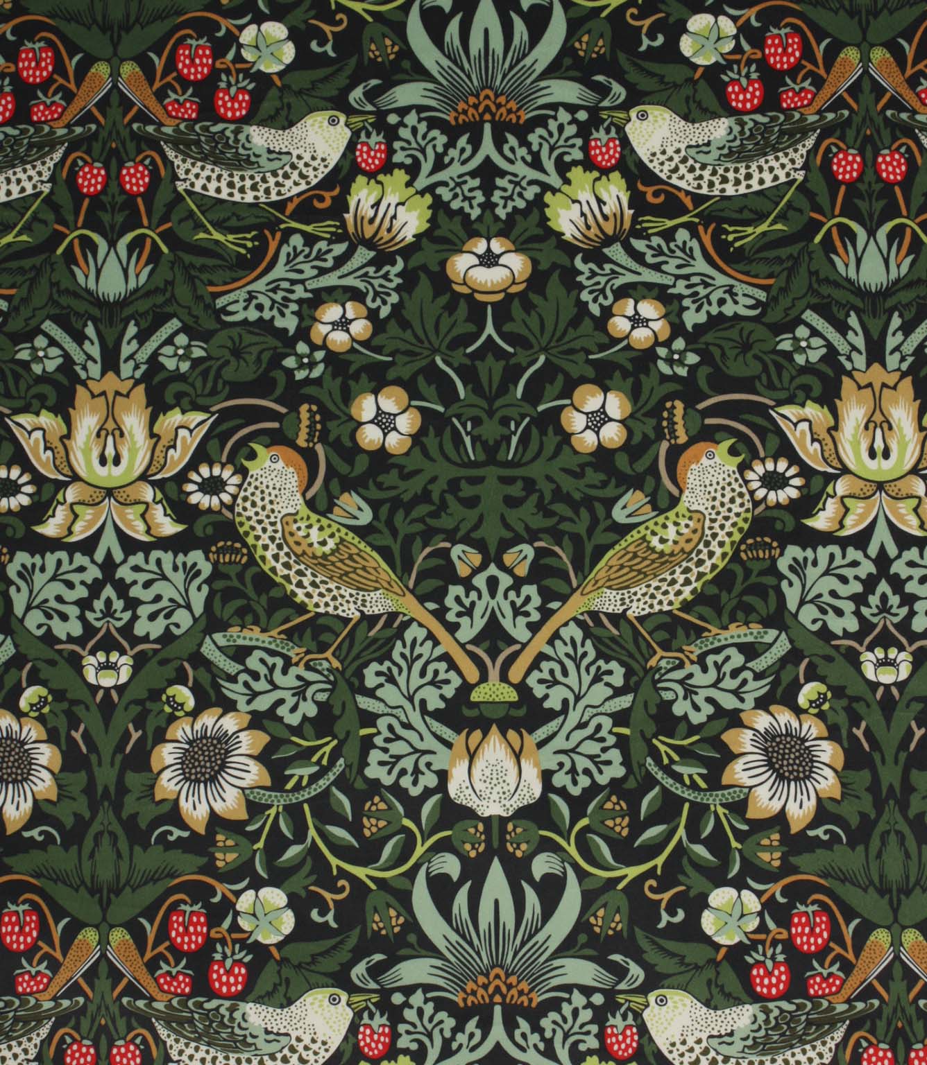 Arts and Crafts inspired fabric featuring birds, strawberries and floral motifs on a black background in green, cream and red tones.