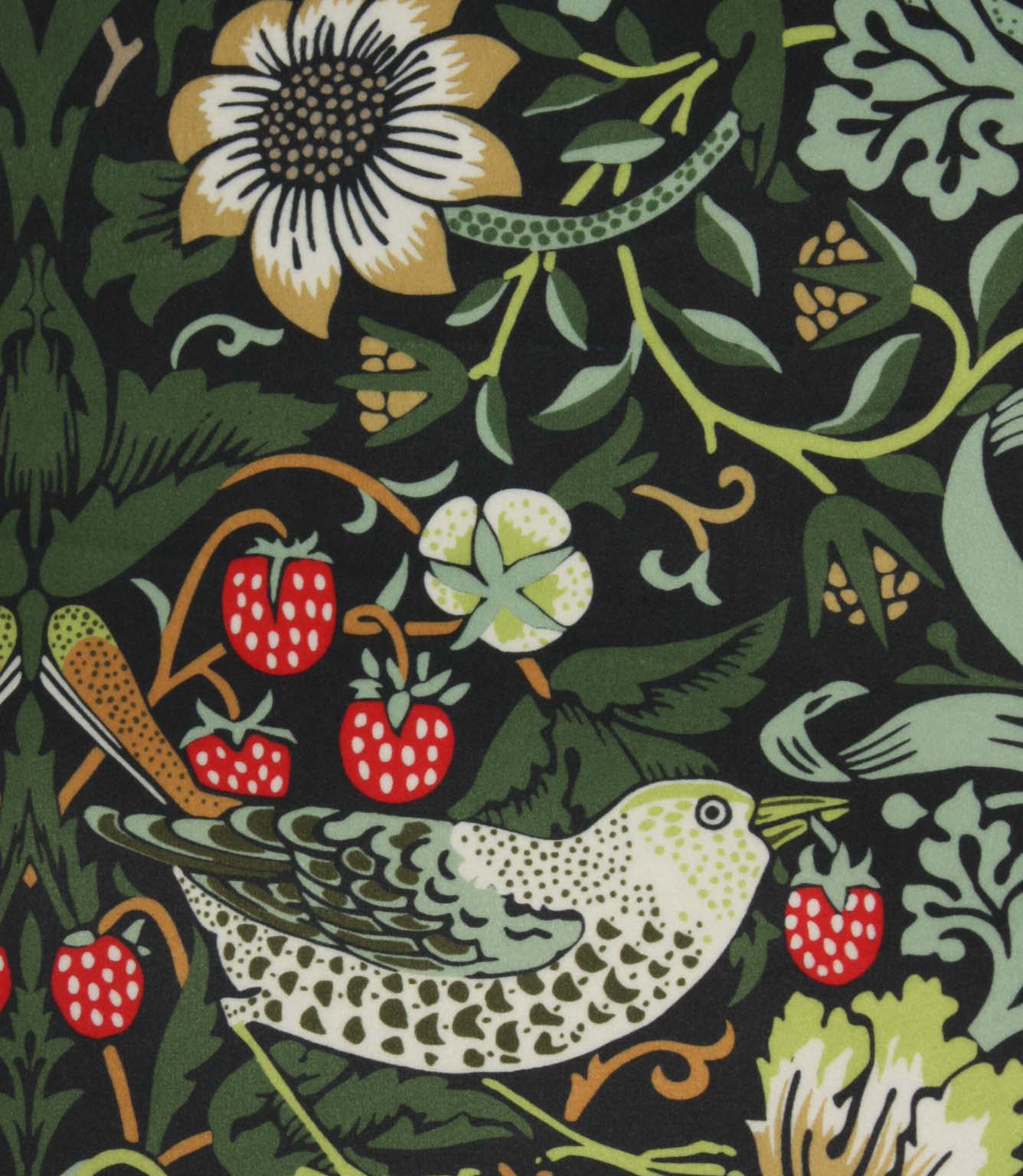 Close-up of decorative bird and strawberry print fabric with intricate botanical detailing on black background.