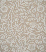 Sweet Briar Linen Look fabric in warm beige and cream, showing a detailed William Morris inspired floral pattern of flowers, leaves and trailing stems.