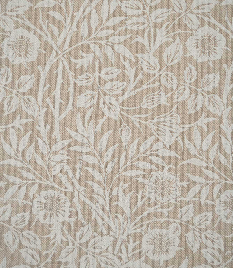 Sweet Briar Linen Look fabric in warm beige and cream, showing a detailed William Morris inspired floral pattern of flowers, leaves and trailing stems.