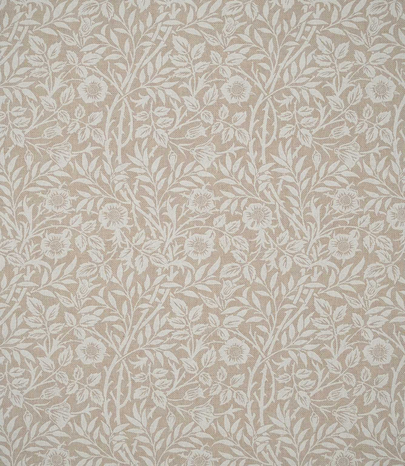 Full pattern view of Sweet Briar Linen Look fabric in warm beige and cream, showing the repeating William Morris inspired floral and foliage design.