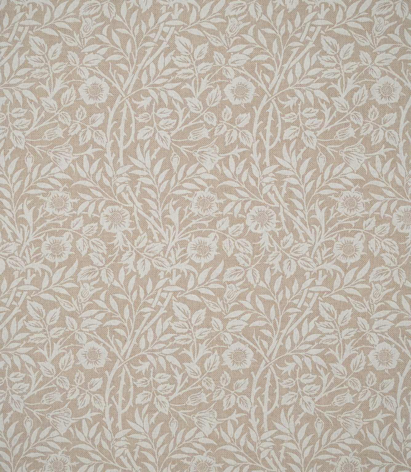 Full pattern view of Sweet Briar Linen Look fabric in warm beige and cream, showing the repeating William Morris inspired floral and foliage design.