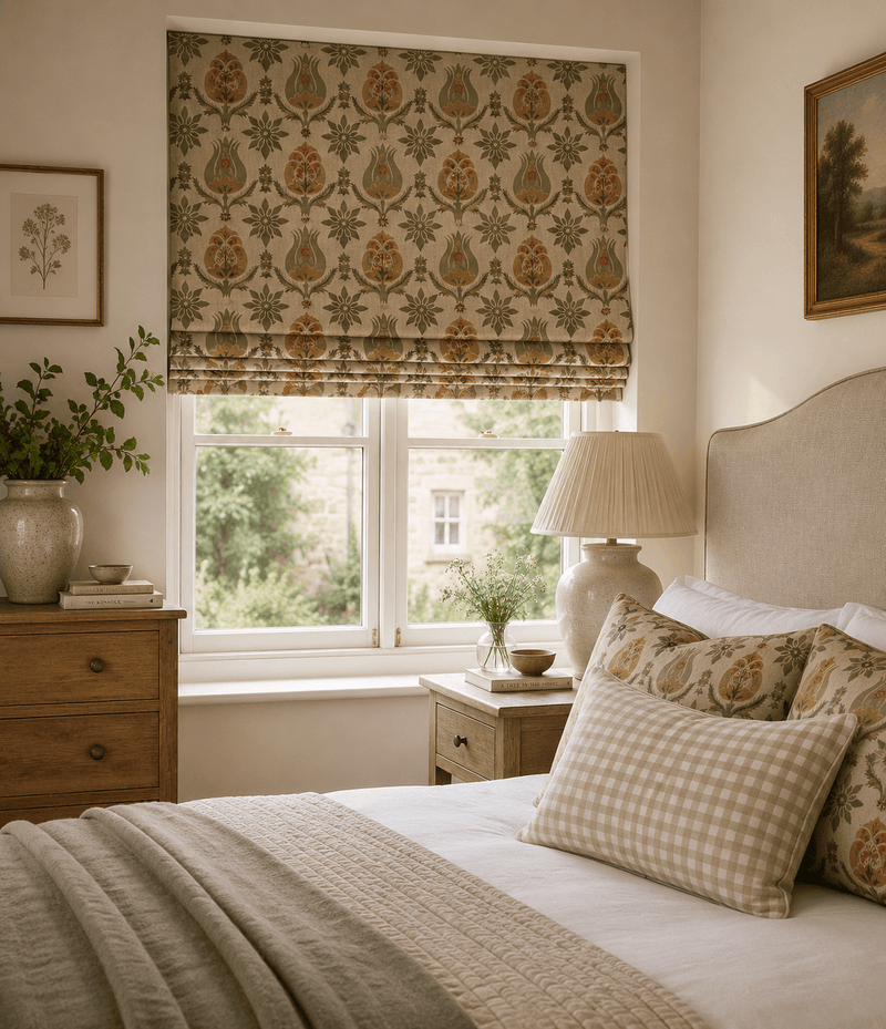 Warm, softly lit bedroom with floral Roman blinds in sage green, mustard and coral tones. Neutral bedding, gingham accent cushion, wooden furniture and botanical décor create a calm, rustic cottage-style interior.