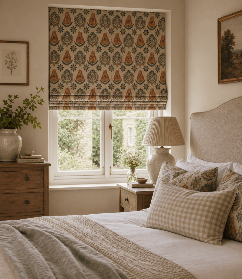 Warm cottage-style bedroom with floral Roman blinds in muted cinnamon, denim blue and ochre tones. Relaxed layered bedding, gingham accent pillow, natural wood furniture and soft daylight create a cosy Cotswold-inspired interior.