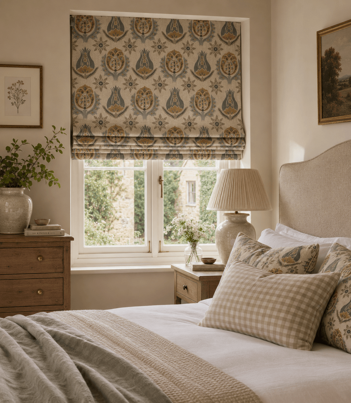 A warm Cotswold-inspired bedroom with patterned Roman blinds in ochre and sage floral fabric, layered neutral bedding, gingham cushions, rustic wooden furniture and soft natural daylight.