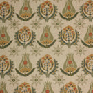 Linen-look fabric with repeating Arts and Crafts style floral motifs in soft sage green, ochre and muted red tones on a natural background.
