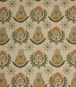 Linen-look fabric with repeating Arts and Crafts style floral motifs in soft sage green, ochre and muted red tones on a natural background.