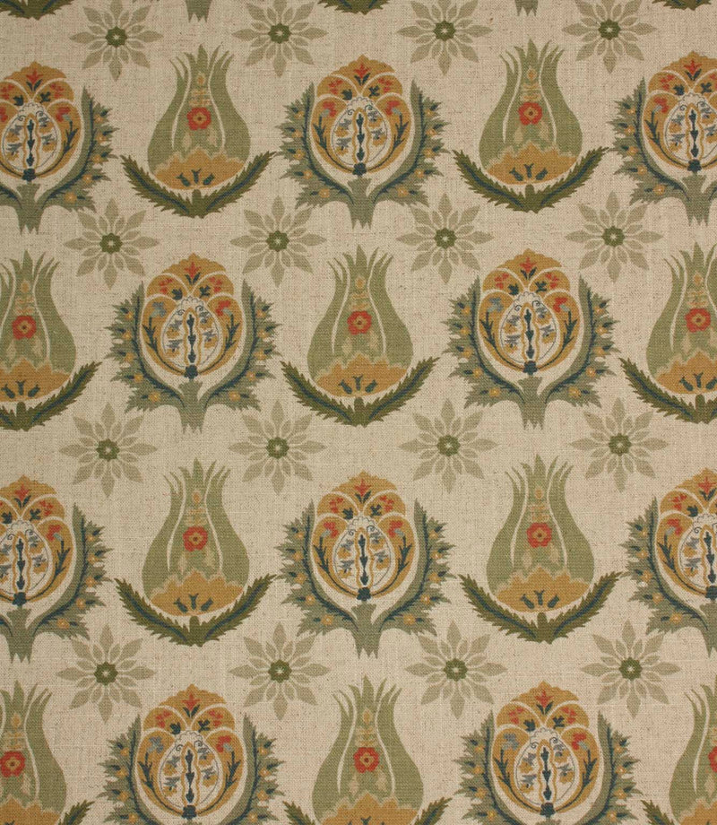 Linen-look fabric with repeating Arts and Crafts style floral motifs in soft sage green, ochre and muted red tones on a natural background.