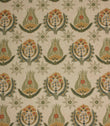 Linen-look fabric with repeating Arts and Crafts style floral motifs in soft sage green, ochre and muted red tones on a natural background.