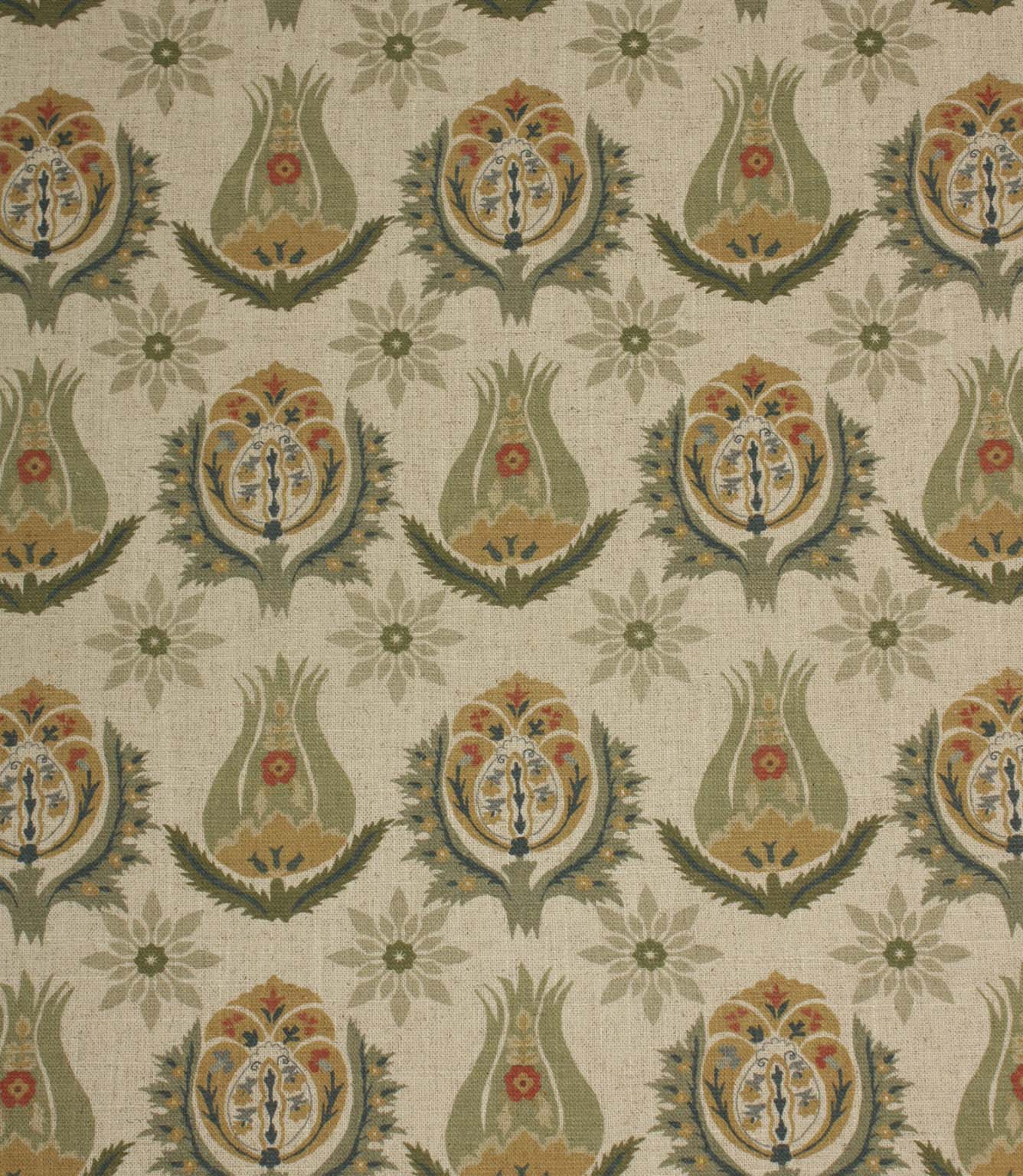 Linen-look fabric with repeating Arts and Crafts style floral motifs in soft sage green, ochre and muted red tones on a natural background.