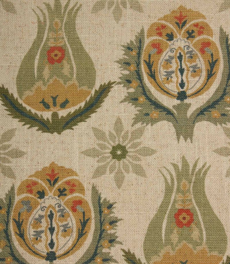 Close-up of decorative botanical fabric featuring stylised floral medallions and tulip-inspired motifs in earthy green and gold shades.