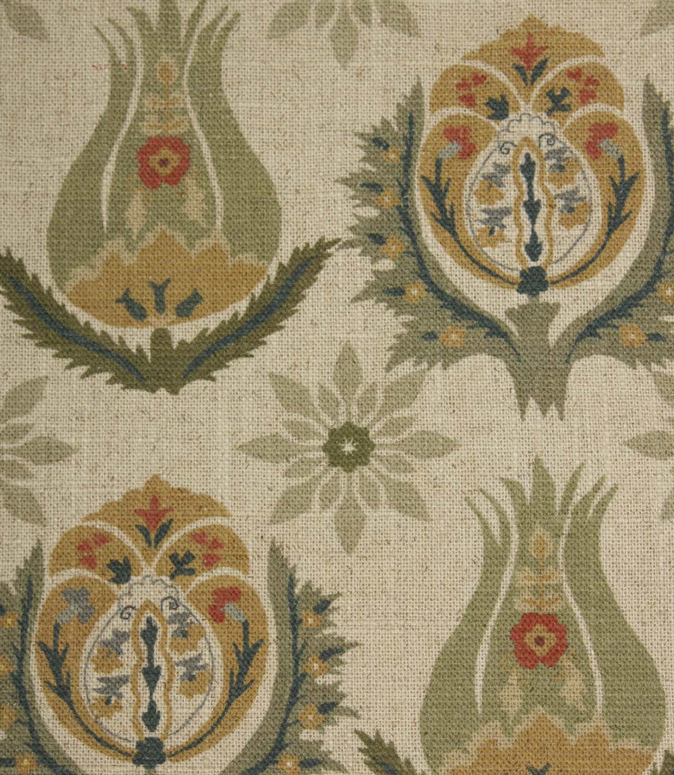 Close-up of decorative botanical fabric featuring stylised floral medallions and tulip-inspired motifs in earthy green and gold shades.