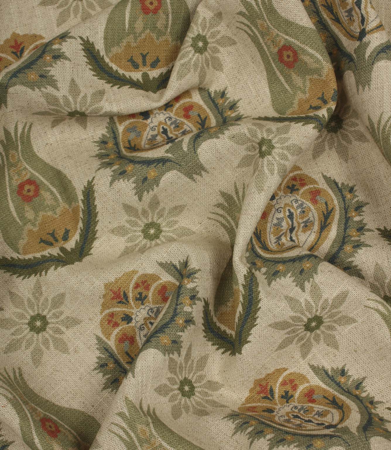 Draped botanical print fabric with stylised flowers and ornamental motifs on a soft natural linen-look ground.