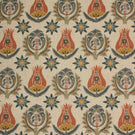 Linen-look fabric with repeating Arts and Crafts inspired floral motifs in terracotta, ochre and deep blue tones on a natural background.