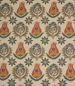 Linen-look fabric with repeating Arts and Crafts inspired floral motifs in terracotta, ochre and deep blue tones on a natural background.