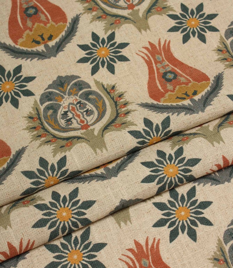 Folded natural fabric with repeating floral and botanical print in terracotta, navy and soft olive tones.