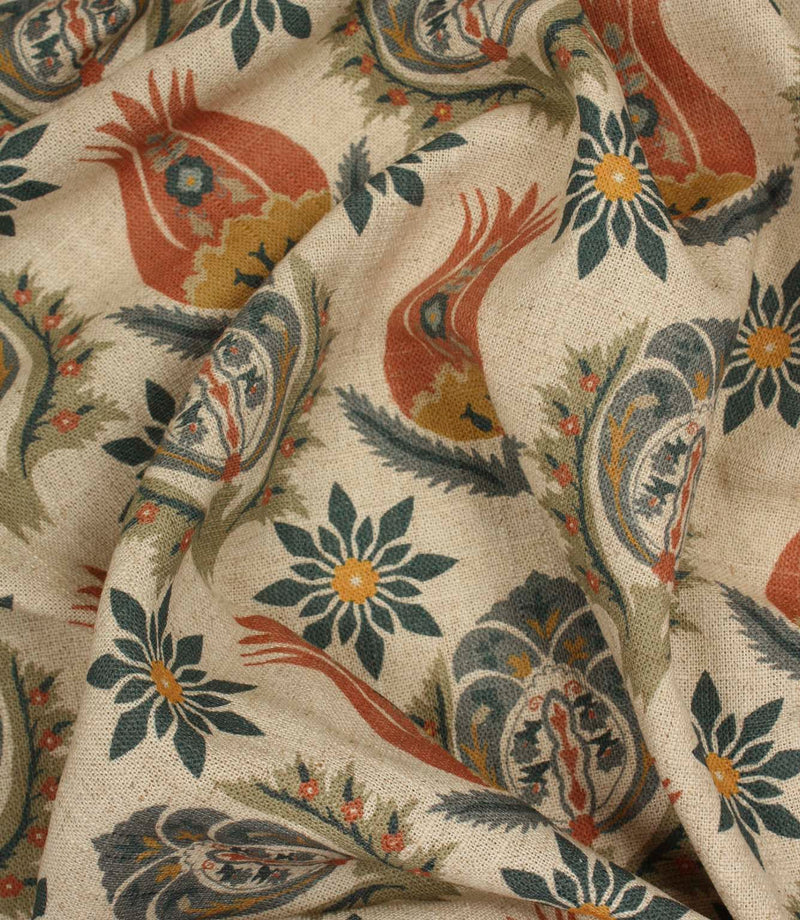 Draped Arts and Crafts style fabric featuring stylised flowers and ornamental botanical motifs on a neutral linen-look ground.