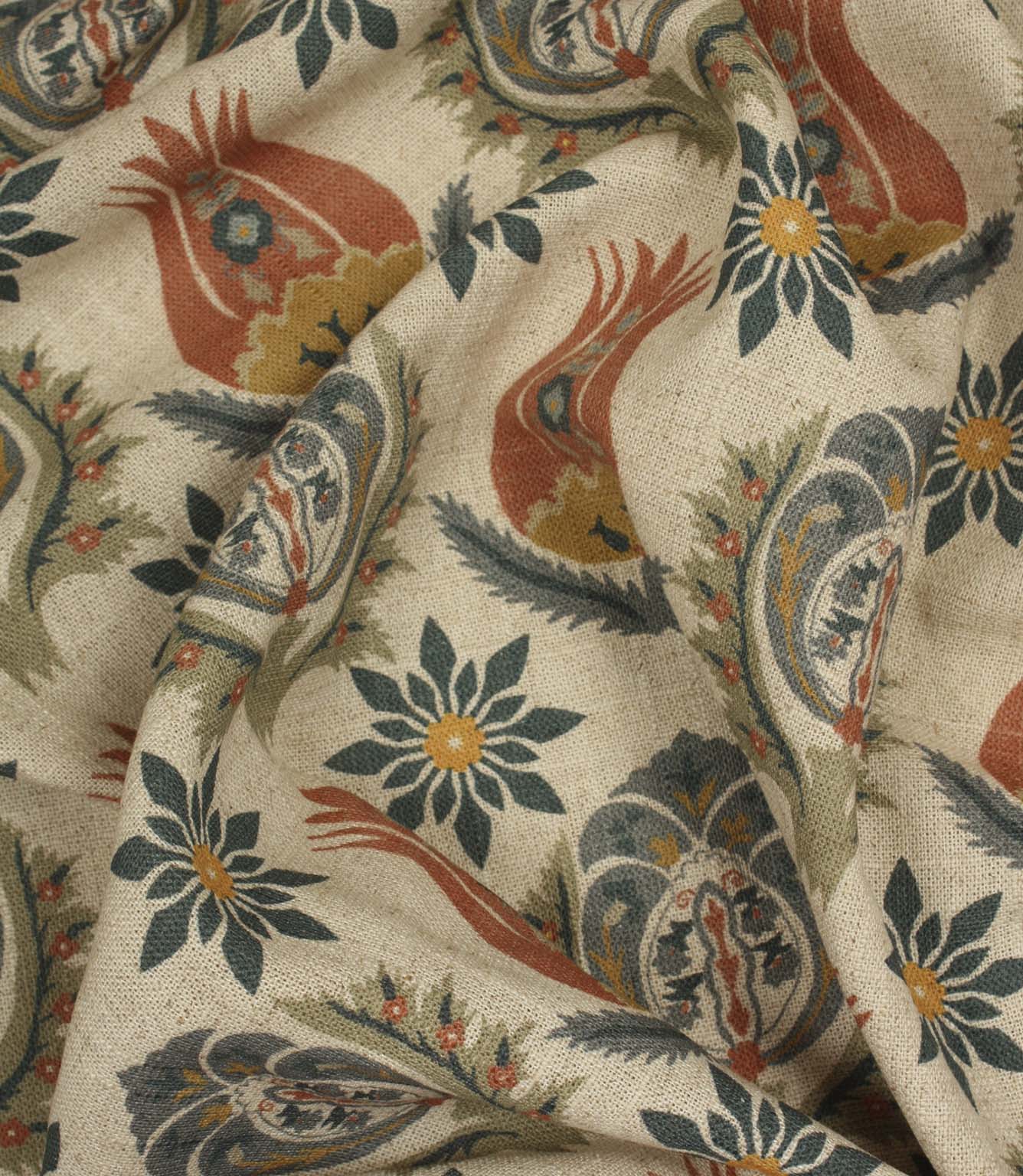 Draped Arts and Crafts style fabric featuring stylised flowers and ornamental botanical motifs on a neutral linen-look ground.