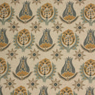 Linen-look fabric with repeating botanical motifs in muted blue, ochre and taupe tones on a natural background.