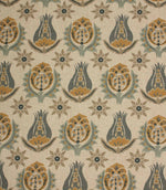 Linen-look fabric with repeating botanical motifs in muted blue, ochre and taupe tones on a natural background.