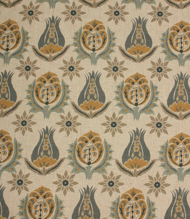 Linen-look fabric with repeating botanical motifs in muted blue, ochre and taupe tones on a natural background.