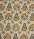 Linen-look fabric with repeating botanical motifs in muted blue, ochre and taupe tones on a natural background.
