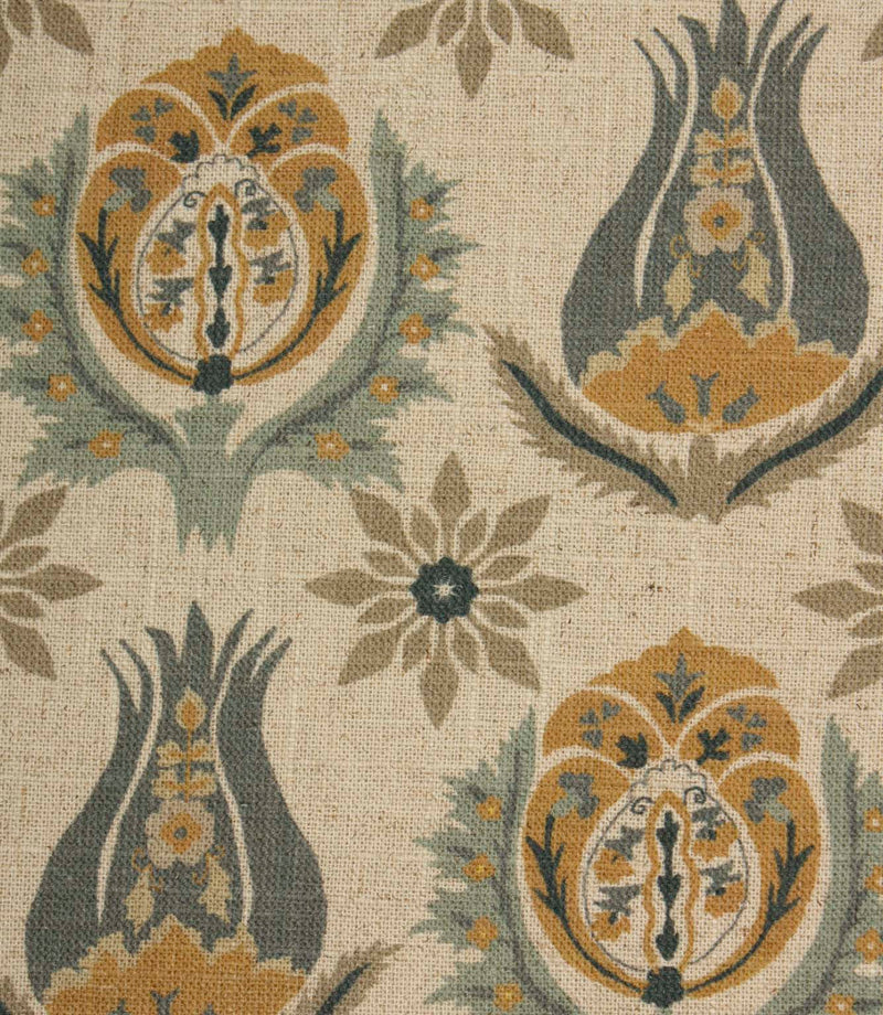 Close-up of Arts and Crafts inspired floral fabric featuring stylised tulip and medallion motifs in soft blue and mustard shades.