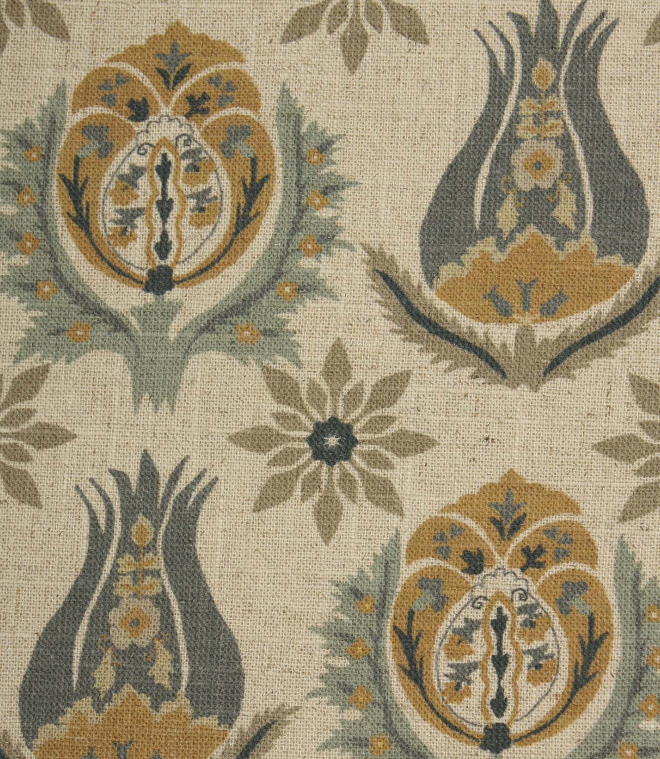Close-up of Arts and Crafts inspired floral fabric featuring stylised tulip and medallion motifs in soft blue and mustard shades.