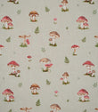 Toadstool Meadow Multi fabric featuring a repeating small-scale woodland print of red and brown mushrooms, spotted toadstools and delicate green fern sprigs on a natural beige woven background.